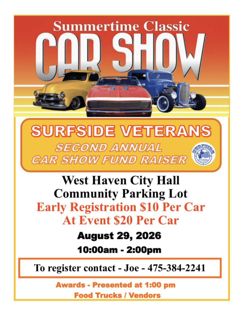 Surfside Veterans Car Show Aug. 29, 2026 monthly membership meeting location